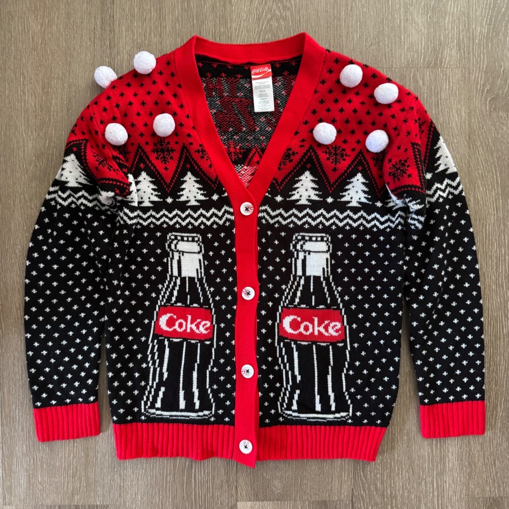 Coca-Cola Cardigan Sweater Womens XS Red Black Polar Bear Ugly Christmas Pom Pom